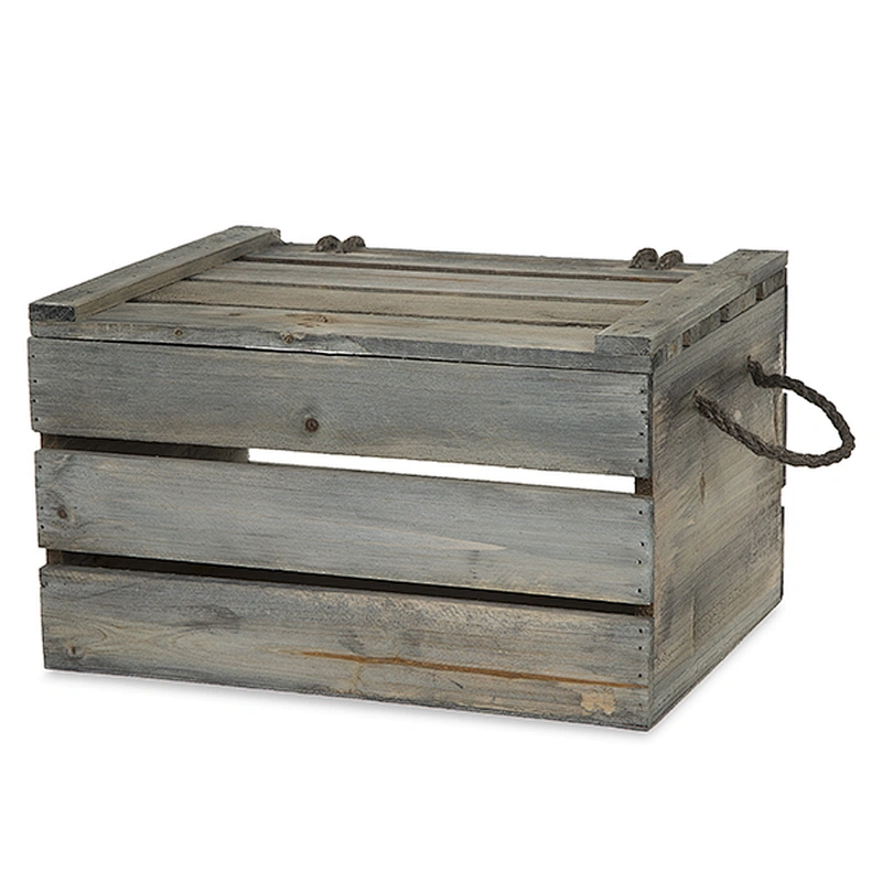 Antique Light Brown Wooden Crate Storage Box with Lid - Medium