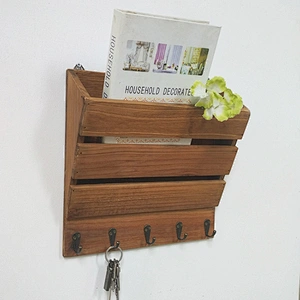 Rustic wood mail and key holder with 5 hooks,wooden shelf