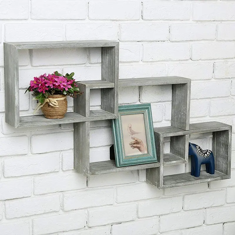 Wall-Mounted Weathered Grey Wood Interlocking Shadow Boxes,rustic,display