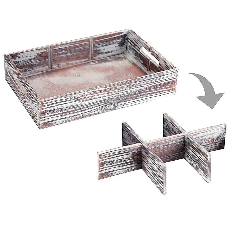 6 Compartment Convertible Wood Serving Tray Shadow Box with Handles and Removable Divider