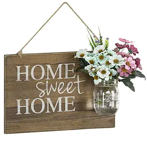 Rustic Home Sweet Home Wood Hanging Sign with Glass Jar Vase