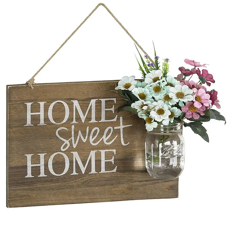Rustic Home Sweet Home Wood Hanging Sign with Glass Jar Vase