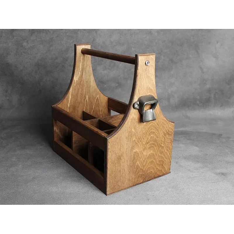 6 x Bottle Vintage Wooden Beer Carrier Holder + Cast Iron Bottle Opener - 5th/6th Anniversary Christmas Man Dad Men Fathers Day