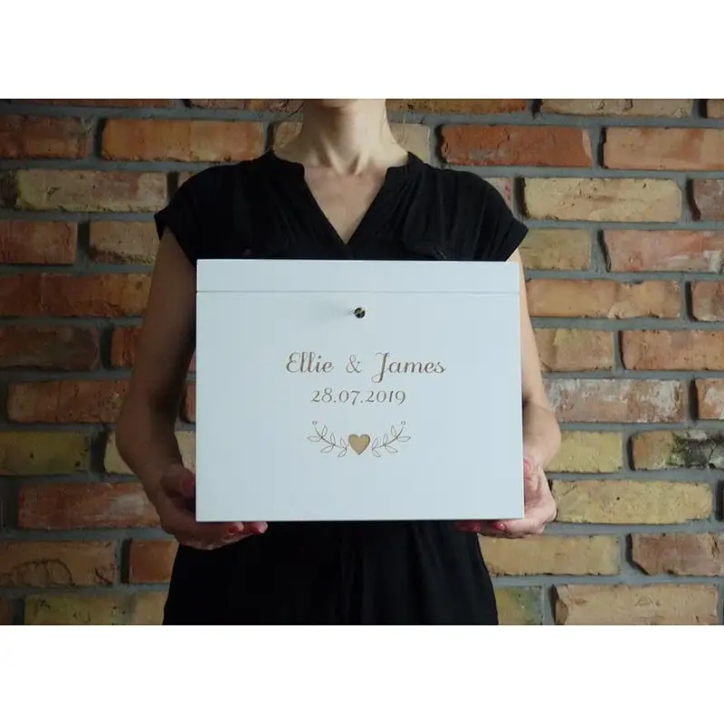 Personalized White Wedding Wooden Card box with Slot, Engraved Greeting Cards Collection Box for Weddings Birthdays Graduations