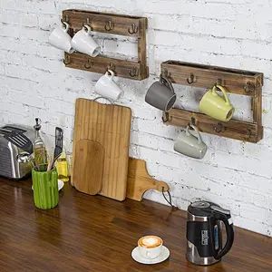 Wall-Mounted Burnt Wood 8-Hook Coffee Mug Hanging Rack, Set of 2