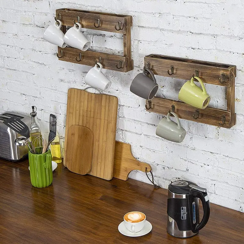 Wall-Mounted Burnt Wood 8-Hook Coffee Mug Hanging Rack, Set of 2
