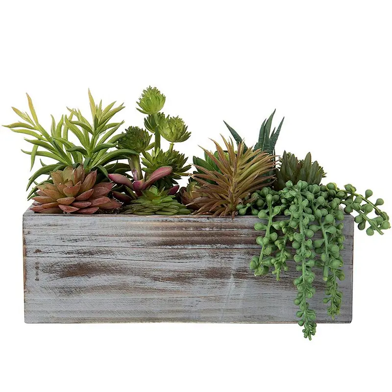 Assorted Artificial Succulent Plants in Wood Planter Box,rustic,simple,solid wood box