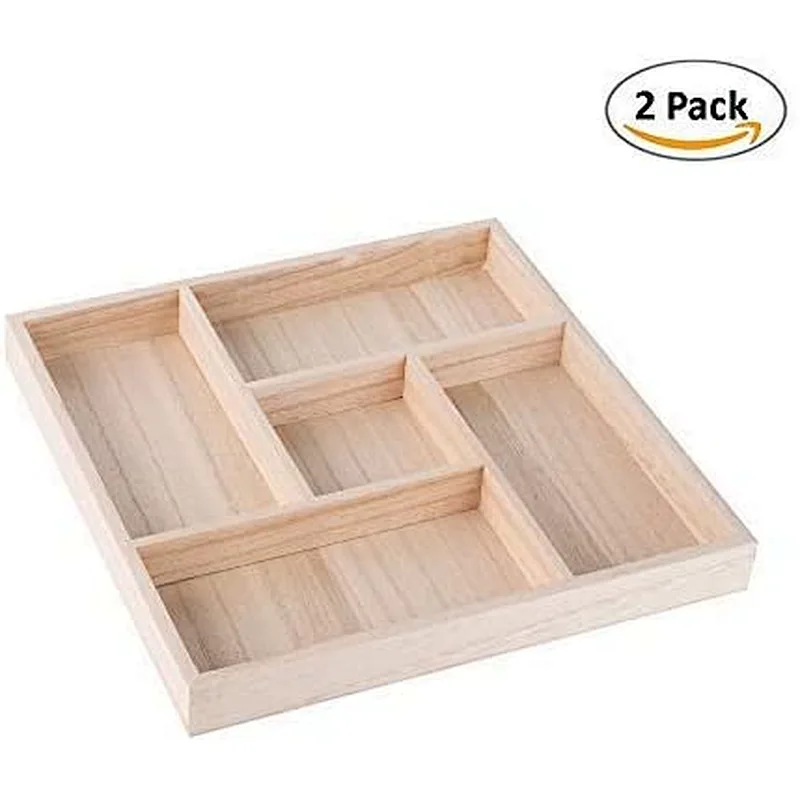 Five Sections Wooden Tray - Square Wood Serving Tray with Five Unique Designed Compartments
