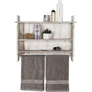 MyGift 3-Shelf Whitewashed Wall Mounted Bathroom Organizer Rack with Towel Bar
