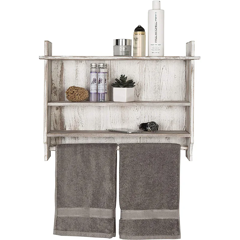 MyGift 3-Shelf Whitewashed Wall Mounted Bathroom Organizer Rack with Towel Bar