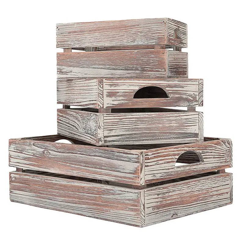 2020 Set of 3 Nesting Ash Brown Wood Accent Crates Box For Storage