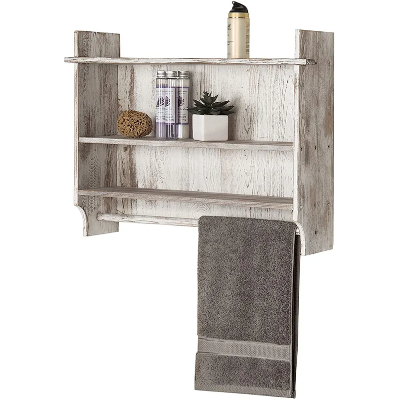 MyGift 3-Shelf Whitewashed Wall Mounted Bathroom Organizer Rack with Towel Bar