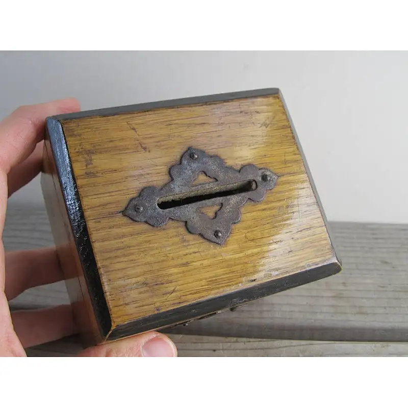 Antique wooden money box dated 1865, Old wooden church collection moneybox, antique piggybank, simple rustic antique home decor