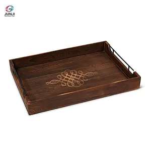 Rustic brown wooden nested breakfast tray with handle, 2 pieces