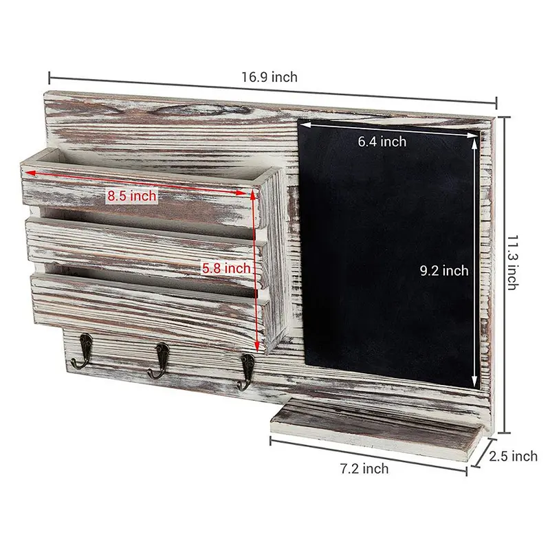 Torched Wood Wall-Mounted Mail Organizer with Chalkboard  key holder