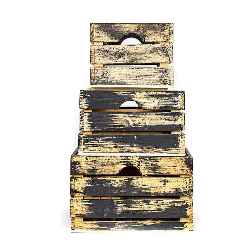 Rustic Decorative Wood Crates (Set of 3) (Black and Natural Distressed)