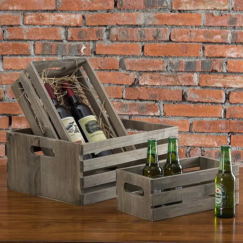 Set of 3 Nesting Barnwood Gray Storage Crates with Cutout Handles