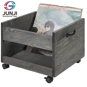 Vintage Grey Wood Vinyl Record Rolling Storage Crate with Casters