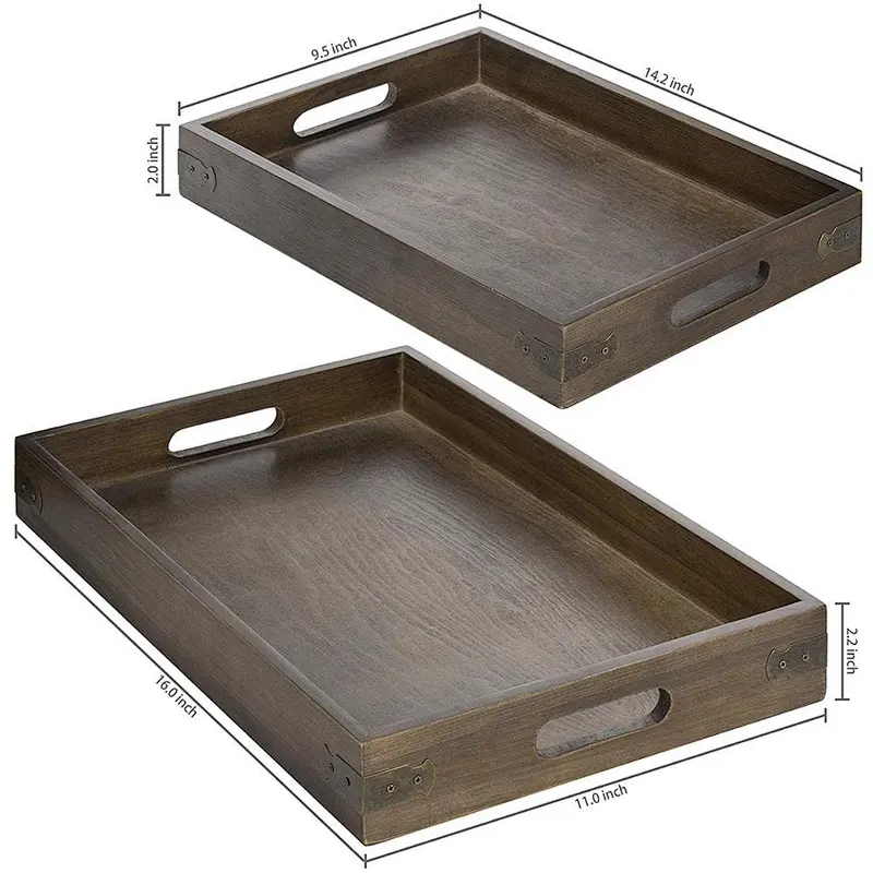Rustic Brown Wooden Nesting Breakfast Serving Trays with Handles, Set of 2