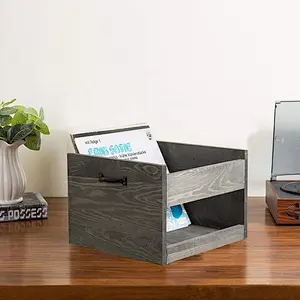 Vintage Grey Wood Vinyl Record Rolling Storage Crate with Casters