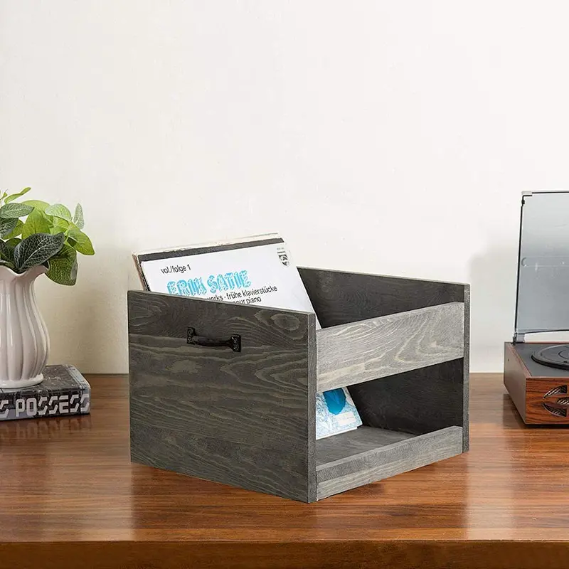 Vintage Grey Wood Vinyl Record Rolling Storage Crate with Casters