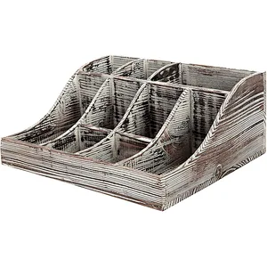 9-Compartment Rustic Torched Wood Tabletop Condiment Holder  Coffee & Tea Storage Caddy