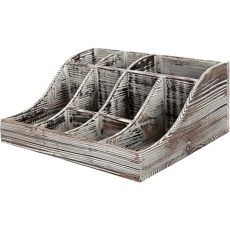 9-Compartment Rustic Torched Wood Tabletop Condiment Holder  Coffee & Tea Storage Caddy