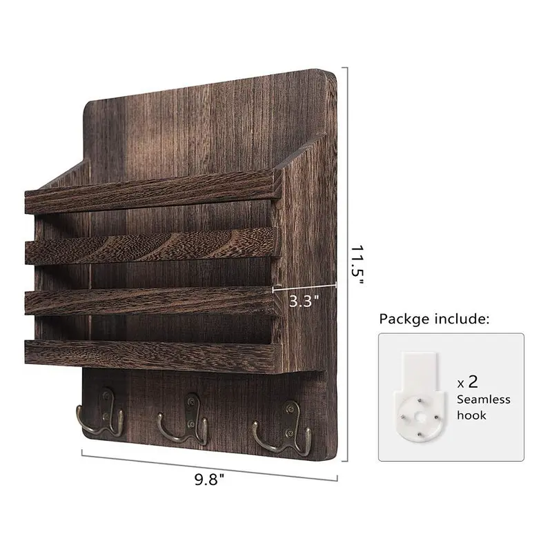 Mail Sorter Organizer Wood Key Holder Organizer, Rustic Wall Mail Holder with 3 Key Hook Rack, Wall Mount Letter Bills Magazine