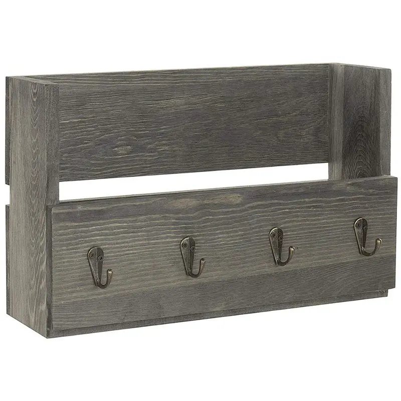 Rustic Gray Wood Wall Mounted Mail Holder Organizer with 4 Key Hooks