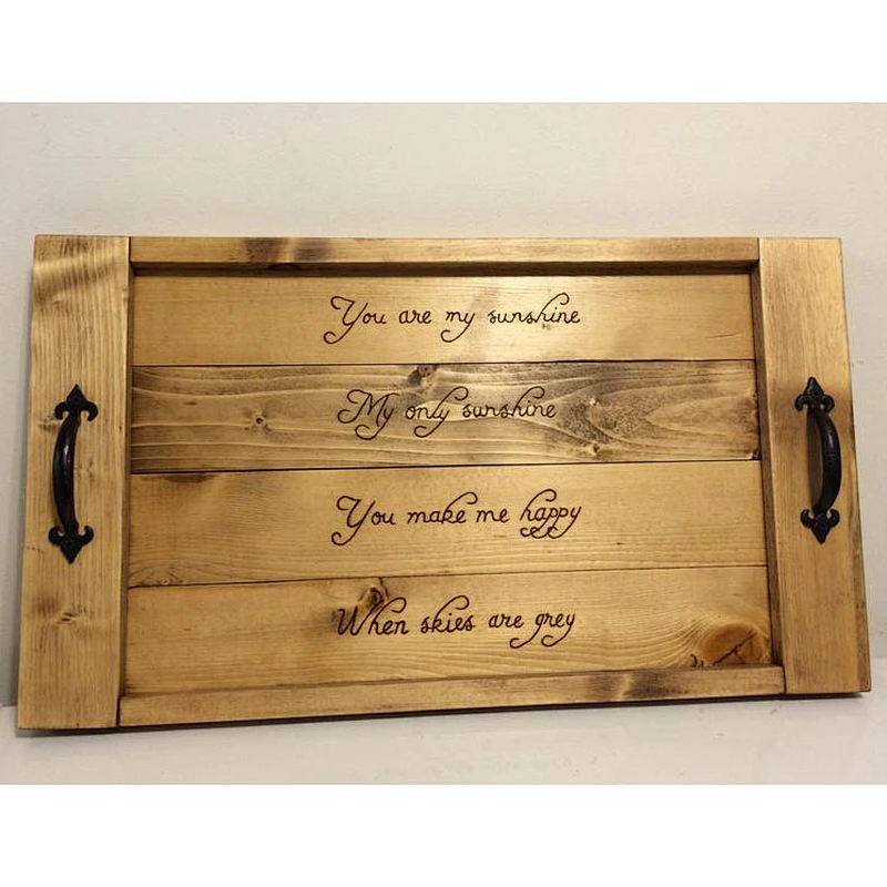 Rustic wood serving tray with handles, storage wood burned trayServing Trays for OttomansWooden Tray TableWood TrayWooden Tray