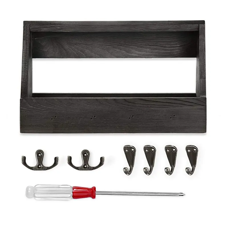 Wooden Wall Mount Mail Holder Organizer with 8 Hooks Coat Rack