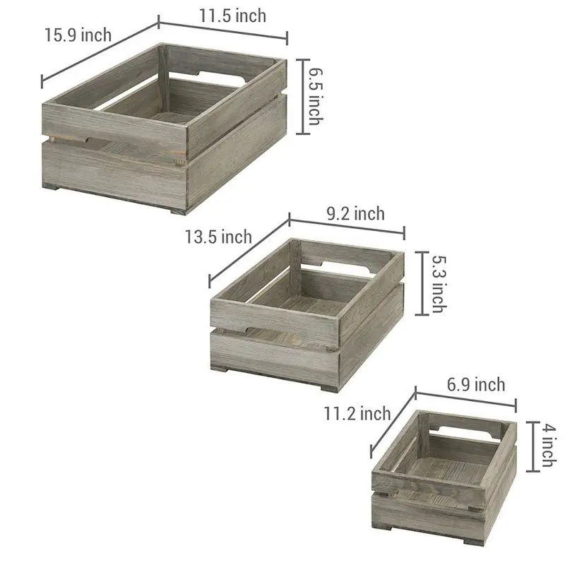 Set of 3 Nesting Ash Brown Wood Accent Crates Storage Pallet Boxes with Handles