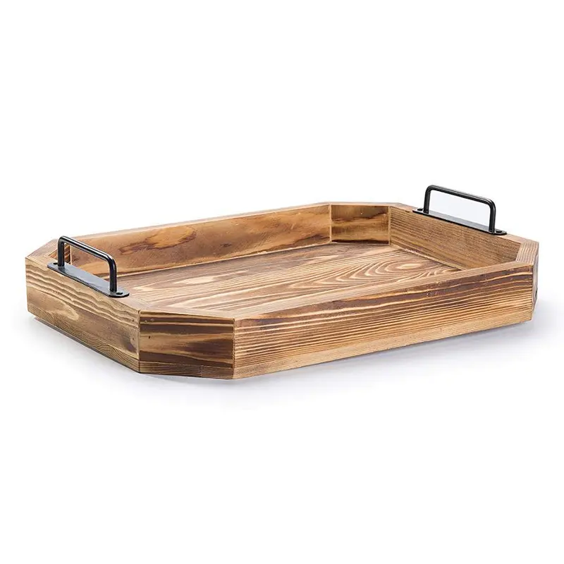 Rustic Burnt Wood 16-Inch Serving Tray with Metal Handles