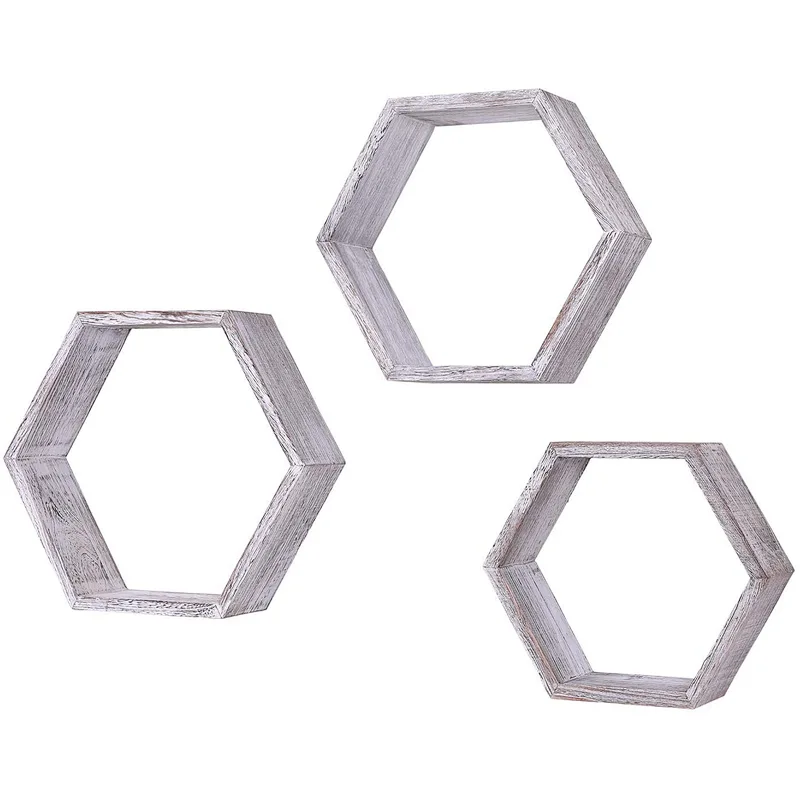 Rustic Wall Mounted Hexagonal Floating Shelves  Set of 3  Large