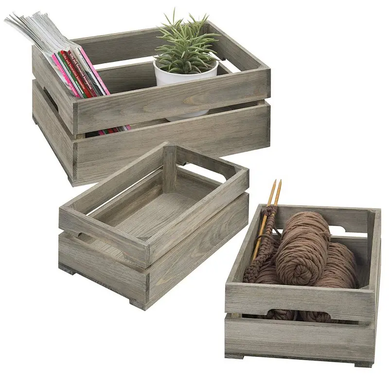 Set of 3 Nesting Ash Brown Wood Accent Crates Storage Pallet Boxes with Handles