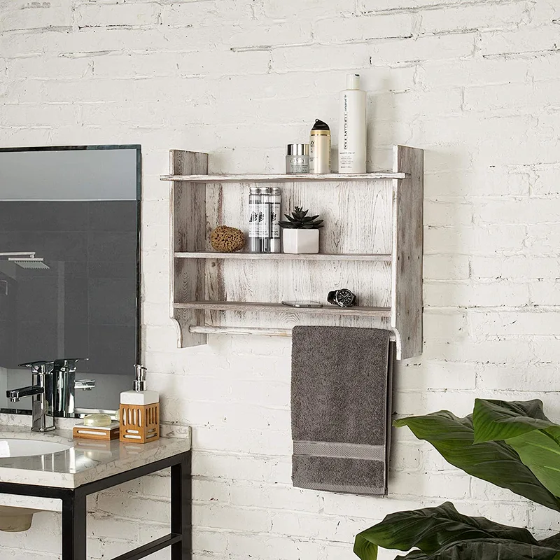 MyGift 3-Shelf Whitewashed Wall Mounted Bathroom Organizer Rack with Towel Bar