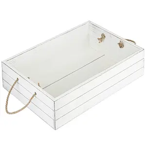 Vintage Whitewash Wood Crate Open Top Organizer Bin with Rope Handles