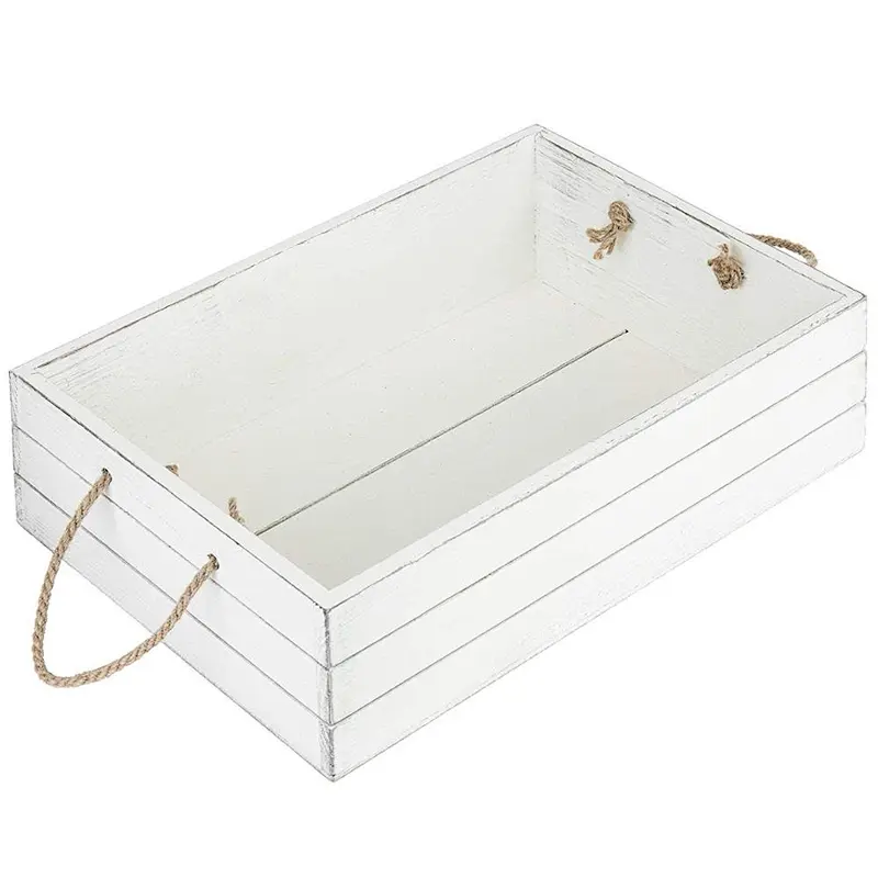 Vintage Whitewash Wood Crate Open Top Organizer Bin with Rope Handles