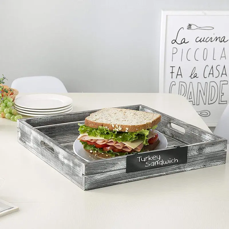 Whitewashed Gray Wood Crate Style Serving Tray with Handles & Removable Metal Chalkboard Label