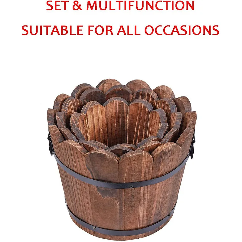 Wooden Bucket Barrel Planters Rustic Patio Planters Flower Pots for Plants Garden Outdoor Indoor Decor  Set of 3
