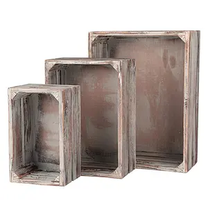 2020 Set of 3 Nesting Ash Brown Wood Accent Crates Box For Storage