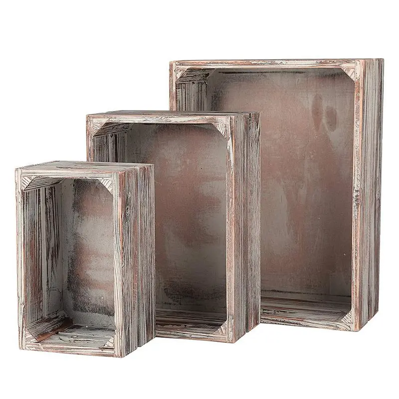 2020 Set of 3 Nesting Ash Brown Wood Accent Crates Box For Storage