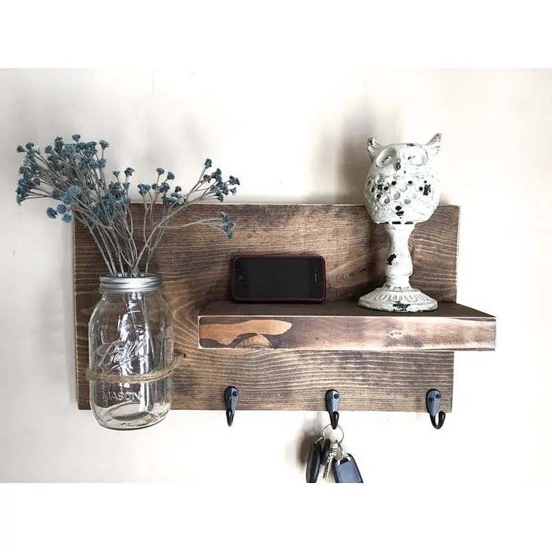 Wood wall-mounted  Entryway Shelf Key Holder Shelf bathroom shelf with hooks wall mounted for wall