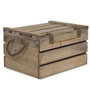 Antique Light Brown Wooden Crate Storage Box with Lid - Medium
