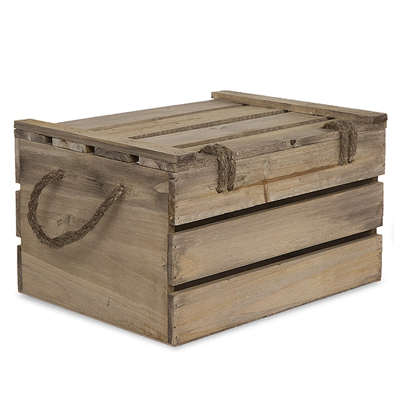 Antique Light Brown Wooden Crate Storage Box with Lid - Medium