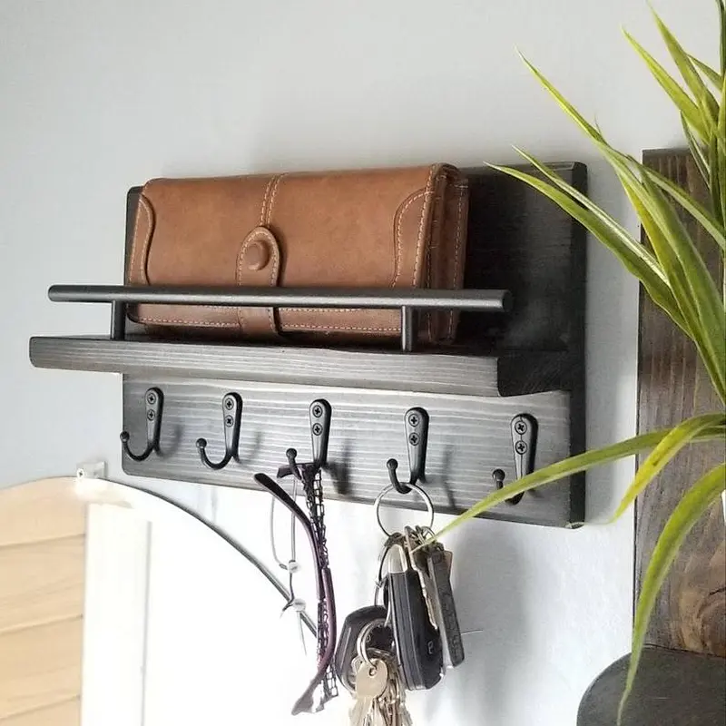 Entryway Organizer Key and Mail Shelf with Hooks, Rustic Home Decor Organizer, Multiple Key Holder