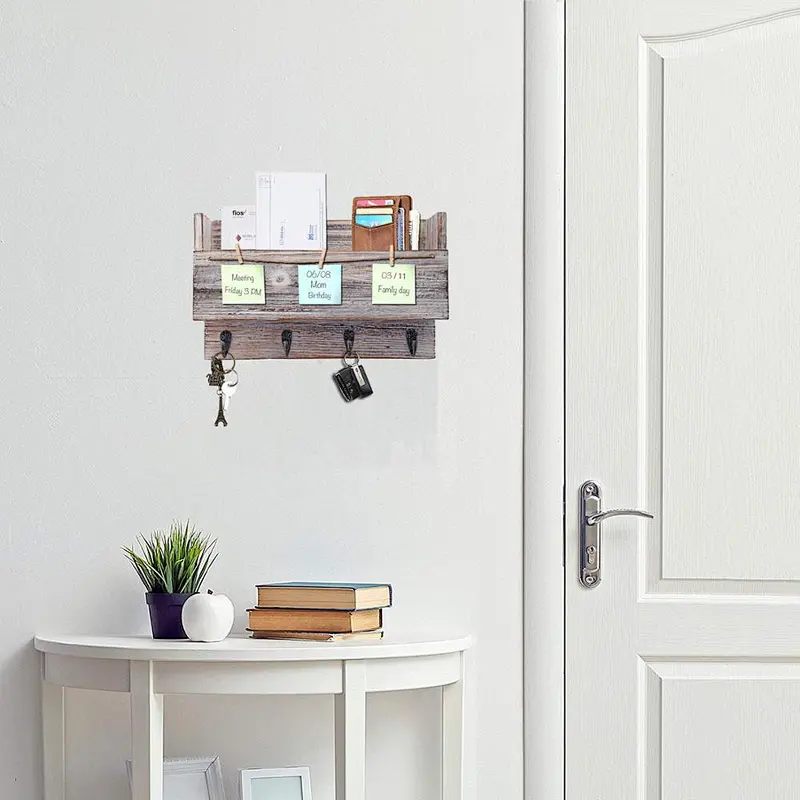 Rustic Wood Wall 4 Key Holder Hooks Memo Clips Entryway Organizer for Letter Mail Holder Magazine Holder