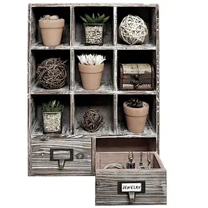 Rustic Dark Brown Wood Shadow Box/Wall Mounted Cubby Storage with 2 Drawers & Label Holders