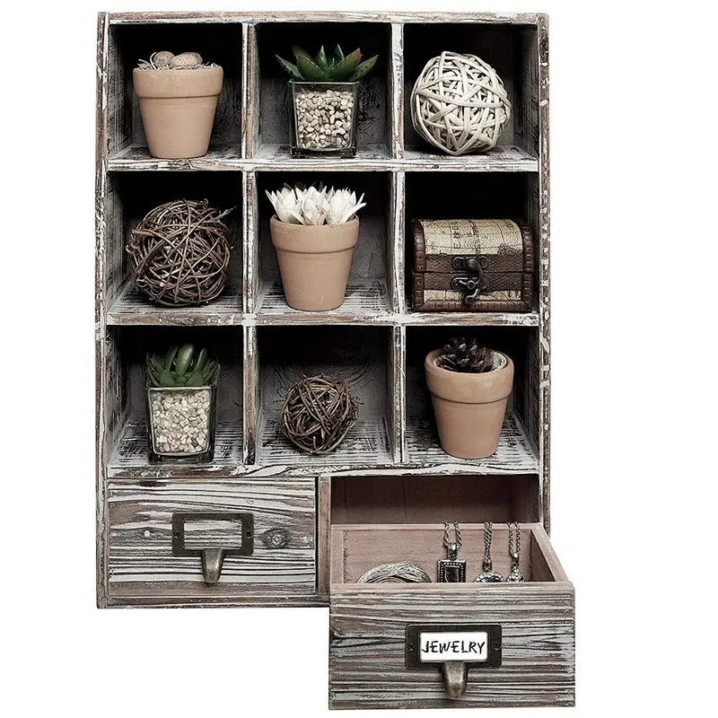 Rustic Dark Brown Wood Shadow Box/Wall Mounted Cubby Storage with 2 Drawers & Label Holders