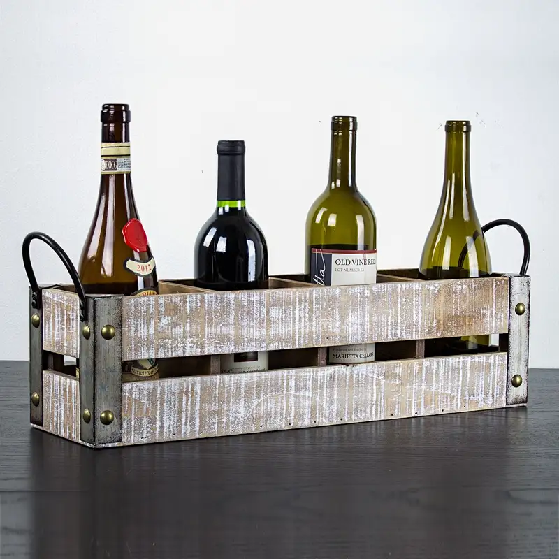 Wooden wine bottle holder, Wine Tote,  American Art Decor 4 Bottle Table Top Farmhouse Wine Rack